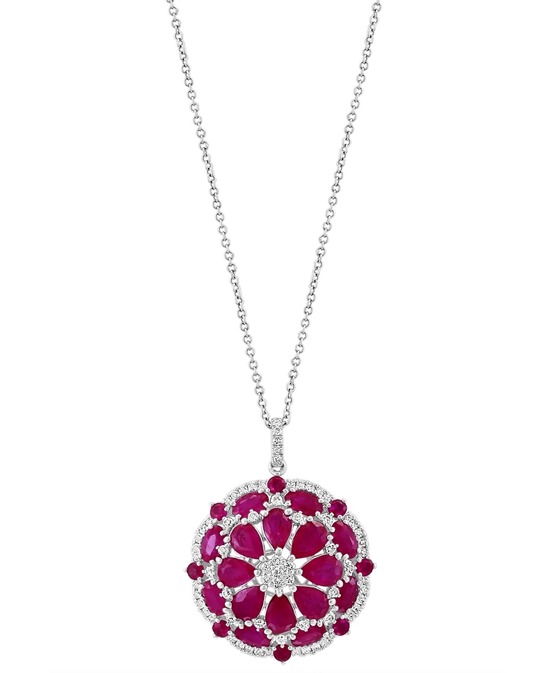 Effy Ruby (6-7/8 ct. t.w.) & Diamond (5/8 ct. t.w.) Flower Cluster 18" Pendant Necklace in 14k White Gold