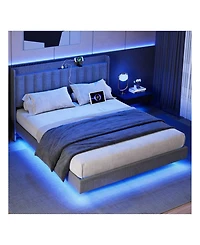 gaomon Full/Queen/King Size Floating Bed Frame With Charging Station & Storage Headboard, Upholstered Platform Bed Frame With Led Lights, Solid Wood S