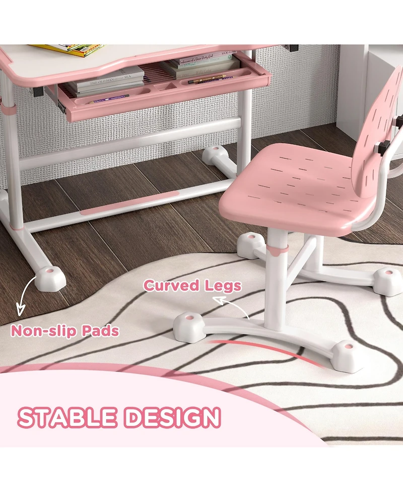 Qaba Adjustable Kids Desk and Chair Set with Tilt Desktop, Storage,
