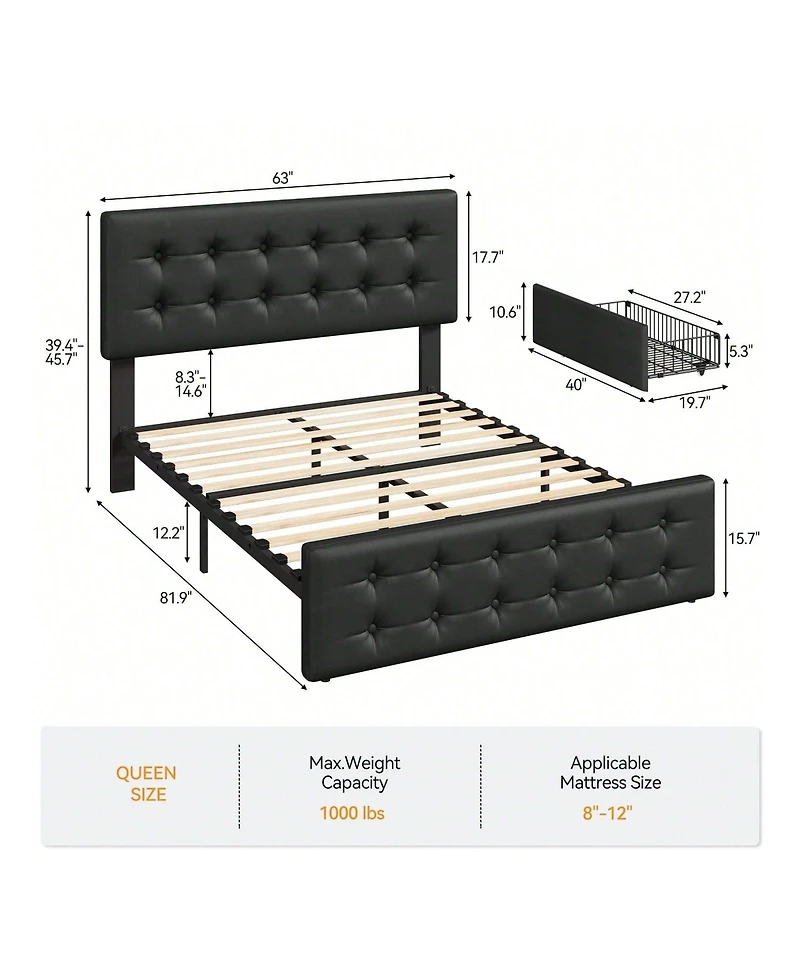 Bed Frame,With 4 Storage Drawers And Headboard, Linen Upholstered Platform Frame With Wooden Slats Support, Button Tufted Design