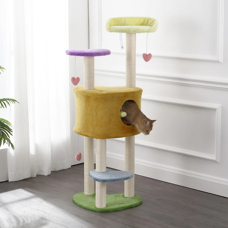 The Licker Store Aisling 51" 4-Tier Modern Sisal Heart Cat Tree with Scratching Posts, Napping Perch, and Dangling Toys, Multi