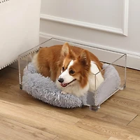 Billie 24" x 15.75" Small Modern Acrylic Calming Fluffy Pet Bed with Washable Cushion and 4" Elevated Pet Feeder with 27 oz 2-Stainless