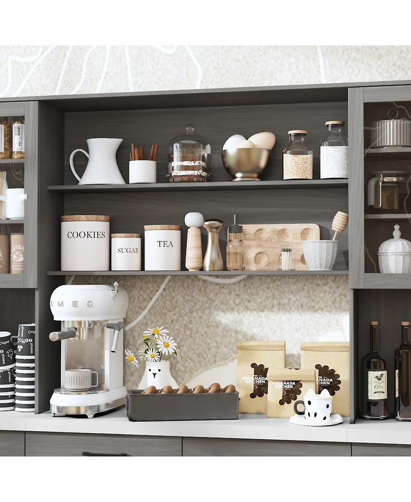 Famapy Grey Kitchen Cabinet with Glass Doors 12 Drawers, Pantry Storage Shelves