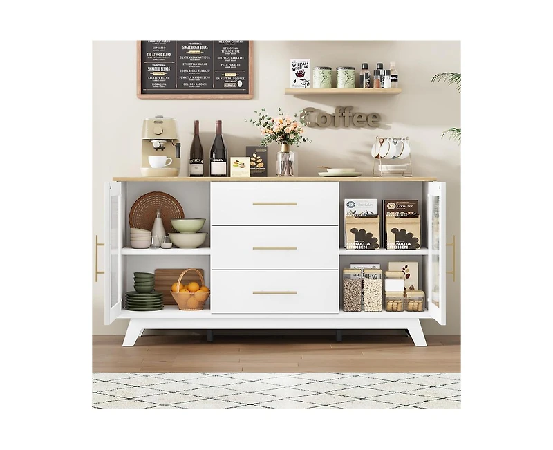 gaomon Coffer Bar Cabinet with 2 Fluted Glass Doors, 56" Modern Sideboard Buffet Cabinet with 3 Drawers, White Large Storage Cabinet for Kitchen Dinin