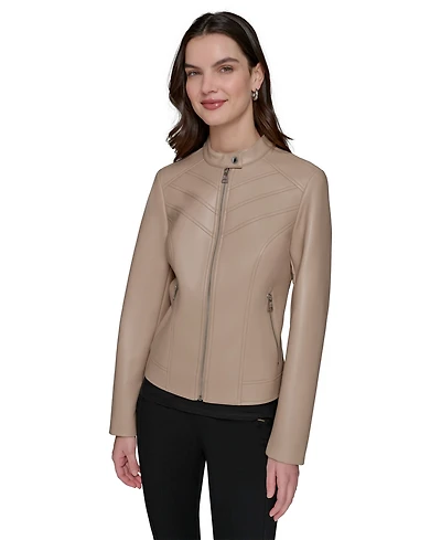 Karl Lagerfeld Paris Women's Fitted Mock-Neck Faux-Leather Jacket