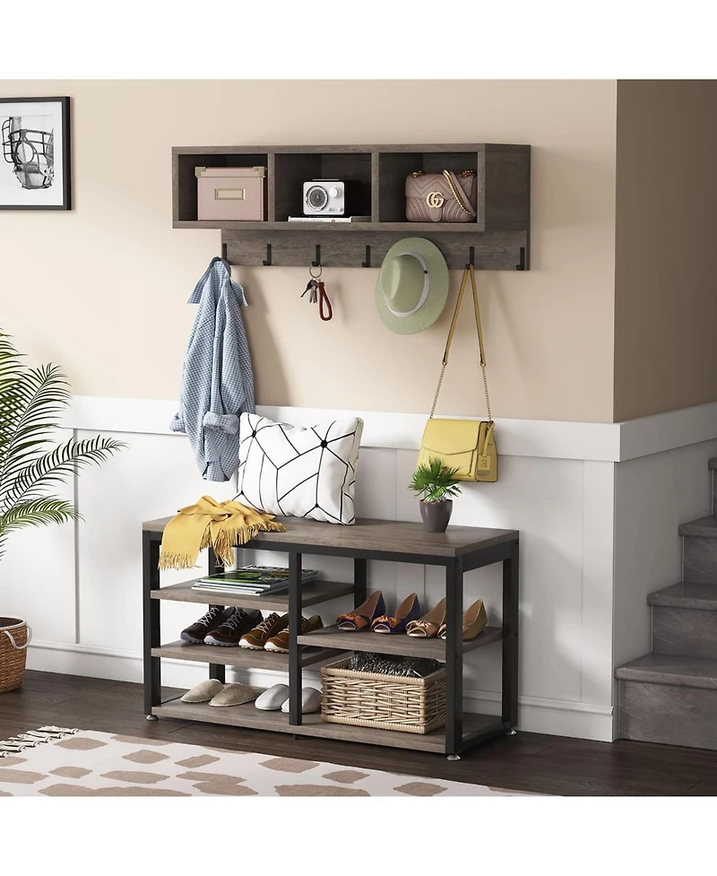 Tribesigns Coat Rack Set and Industrial Shoe Bench, 3 Storage Cubbies, 7 Hooks for Entryway, Hallway