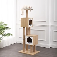 The Licker Store Sawyer 56" 3-Tier Minimalist Jute Cat Tree Condo with Scratching posts, and Fuzzy Toy, Brown/White