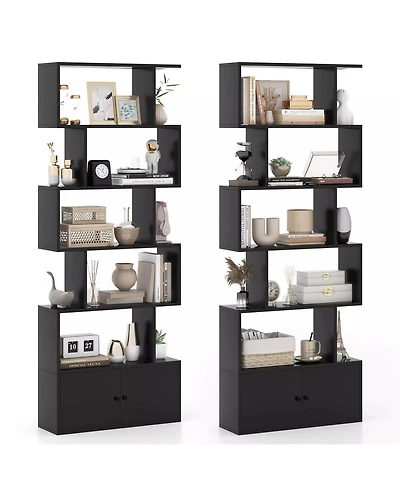 Gymax 2PCS 6-Tier Shaped Bookshelf w/ Cabinet 6-Tier Tall Bookcase w/ Doors