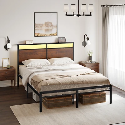 Hausource Vintage Full Size Bed Frame with Storage Led Headboard, No Box Spring Needed
