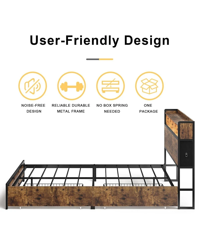 Hausource Queen/Full Size Bed Frame with Storage Headboard & 2 Drawers Platform Bed No Box Spring Needed, Queen