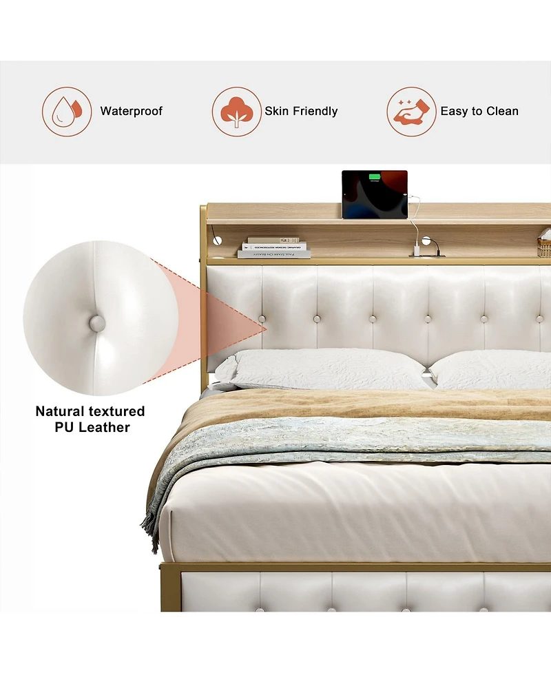 Hausource Queen Size Bed Frame with Storage Headboard & Usb Ports & Outlets No Box Spring Needed