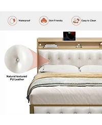 Hausource Queen Size Bed Frame with Storage Headboard & Usb Ports & Outlets No Box Spring Needed