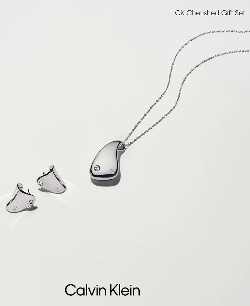 Calvin Klein Stainless Steel Pave Nugget Pendant Necklace & Stud Earrings Set