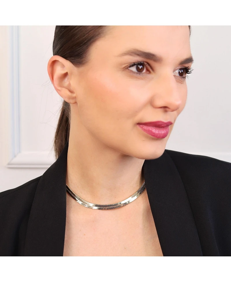 Bling Jewelry Flexible Flat Contoured Fit Collar Gold Tone Herringbone Snake Chain Omega Choker Necklace Flexible Contoured 15 Inch 5MM Wide