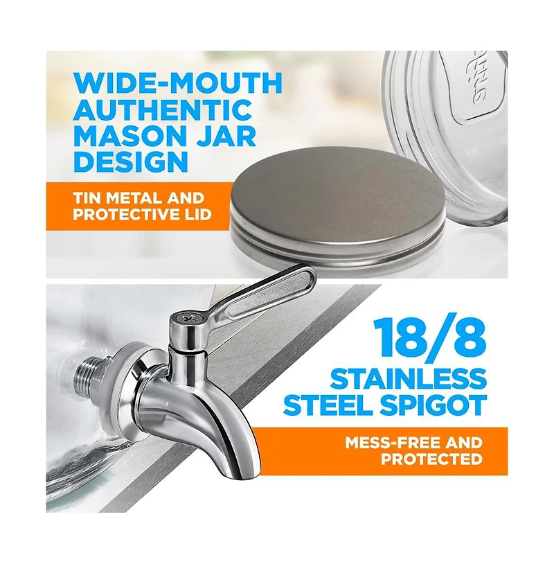 NutriChef 1-Gallon Glass Beverage Dispenser with Stainless Steel Tap & Lid