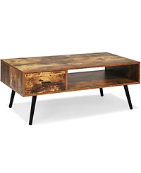Gymax Retro Coffee Table Mid Century Modern Living Room Furniture w/Open Storage Shelf