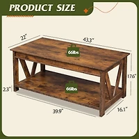 Wlive Farmhouse Coffee Table,Living Room Table with Storage,43 in Wood Center Table with V-Shaped Frame for Home Office,Apartment,Rustic Brown
