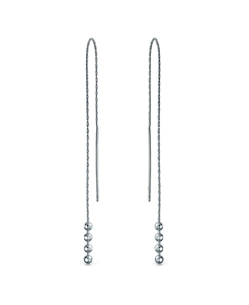 Bling Jewelry Geometric Minimalist Elegance Long Thin Chain Simple Four Bead Ball Threader Earrings .925 Sterling Silver