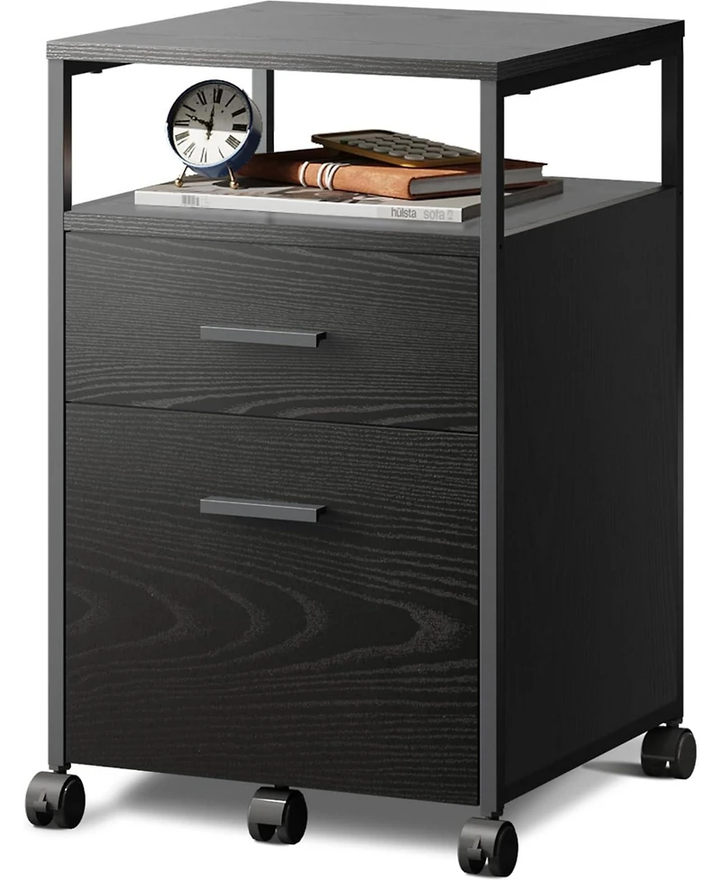 2 Drawer File Cabinet, Mobile Printer Stand with Open Storage Shelf, Wood Filing Cabinet fits A4 or Letter Size for Home Office, Black