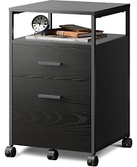 2 Drawer File Cabinet, Mobile Printer Stand with Open Storage Shelf, Wood Filing Cabinet fits A4 or Letter Size for Home Office, Black