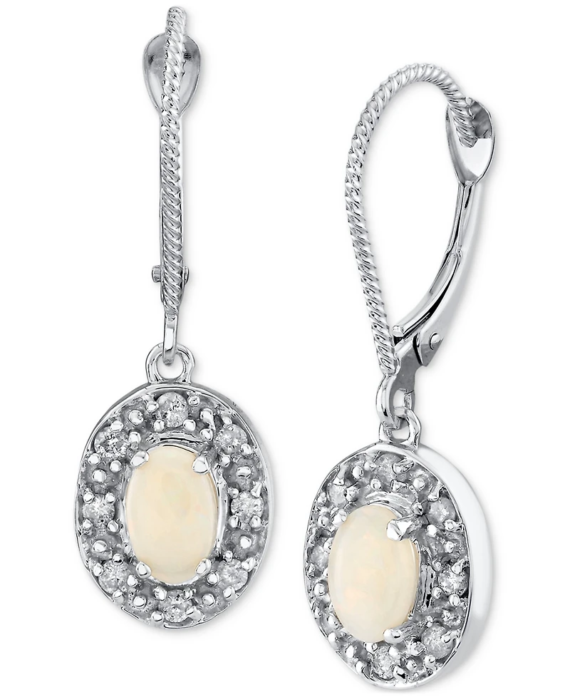 !Fidea Factory Opal (5/8 ct. t.w.) & Diamond (1/4 ct. t.w.) Halo Leverback Drop Earrings in 14k White Gold