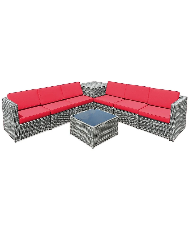 Sugift 8 Piece Wicker Sofa Rattan Dinning Set Patio Furniture with Storage Table-Red