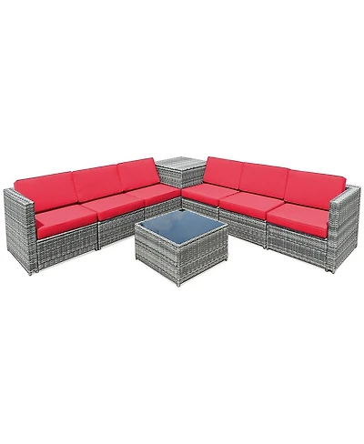 Sugift 8 Piece Wicker Sofa Rattan Dinning Set Patio Furniture with Storage Table-Red
