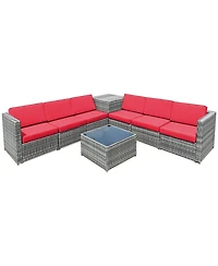 Sugift 8 Piece Wicker Sofa Rattan Dinning Set Patio Furniture with Storage Table-Red