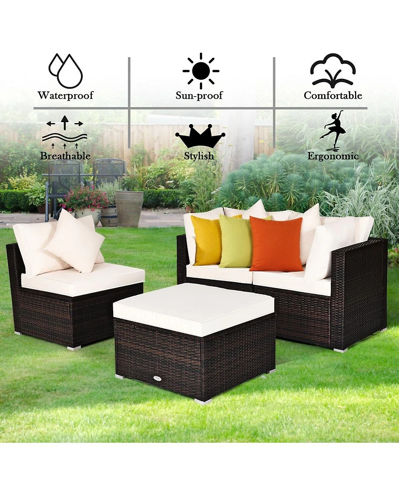 Sugift 4 Pcs Ottoman Garden Deck Patio Rattan Wicker Furniture Set Cushioned Sofa-White