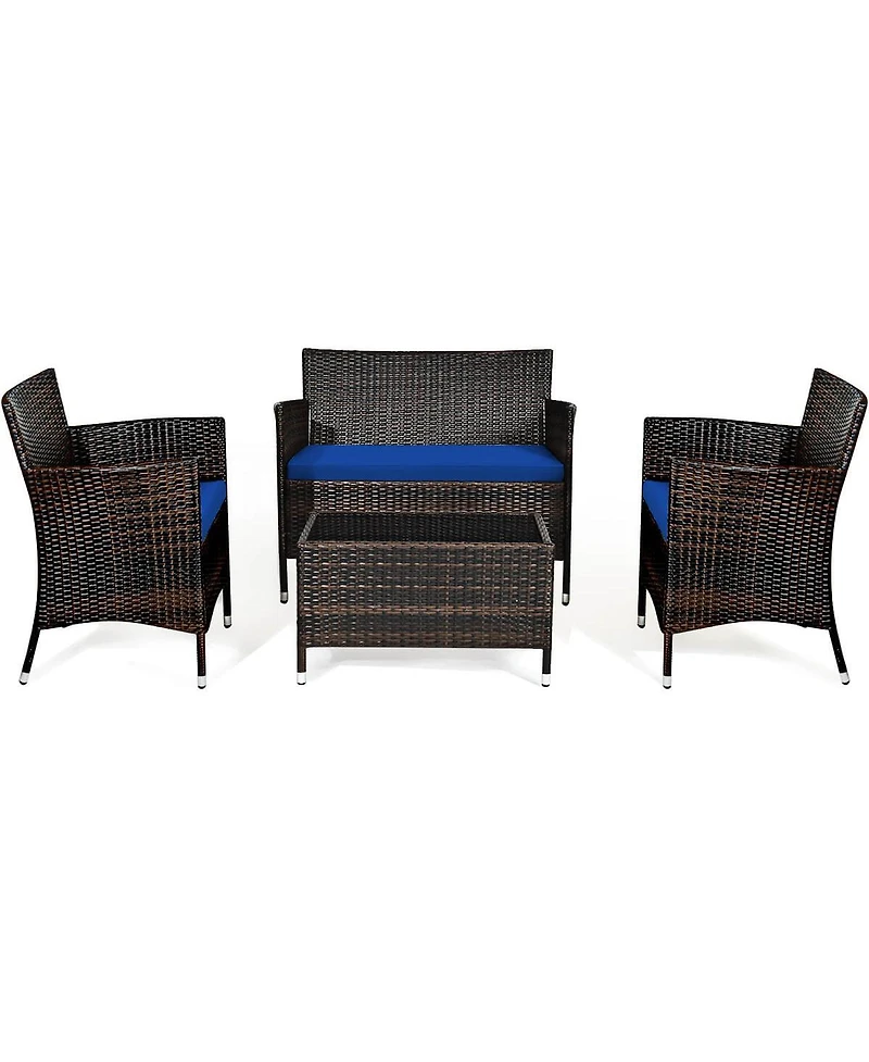 Sugift 4 Pieces Rattan Sofa Set with Glass Table and Comfortable Wicker for Outdoor Patio-Navy