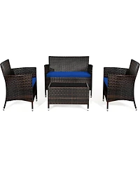 Sugift 4 Pieces Rattan Sofa Set with Glass Table and Comfortable Wicker for Outdoor Patio-Navy