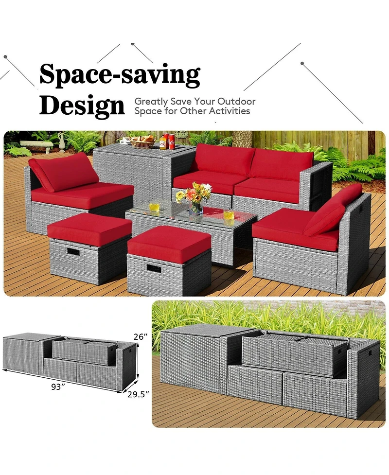 Sugift 8 Pieces Patio Rattan Furniture Set with Storage Waterproof Cover and Cushion-Red