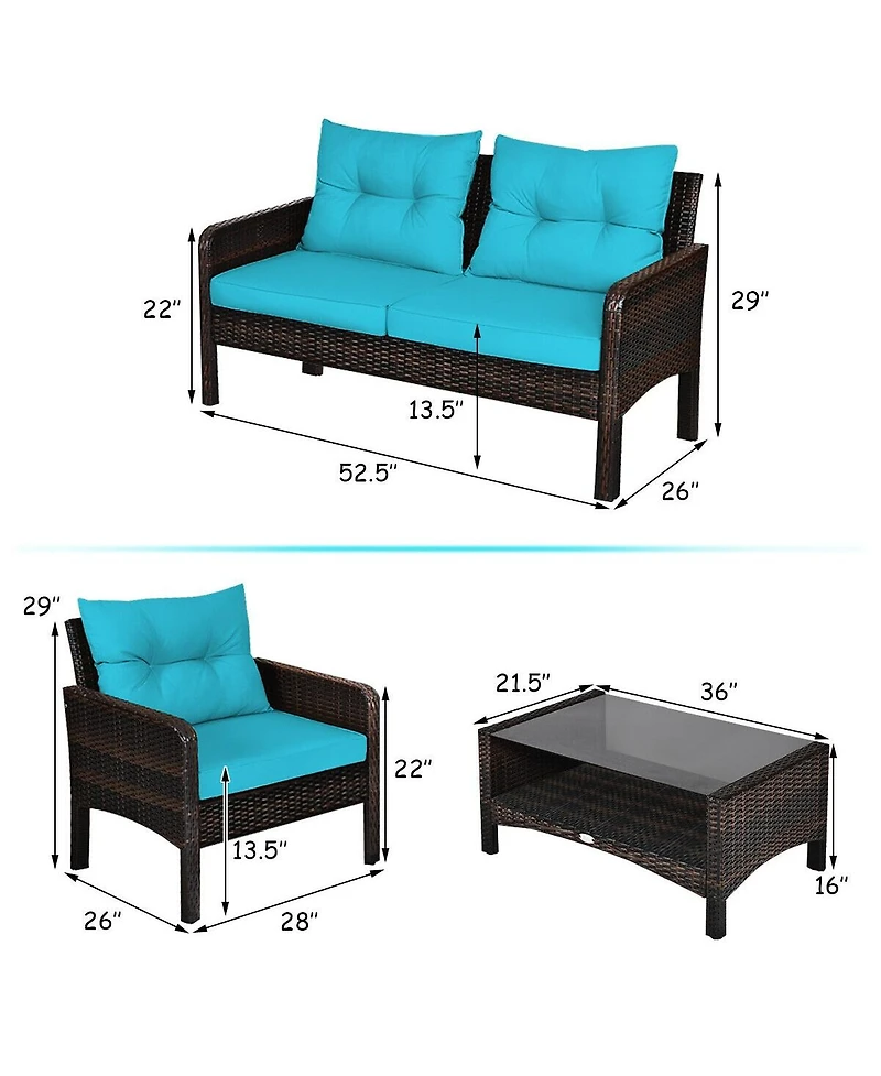 Sugift 4 Pieces Outdoor Rattan Wicker Loveseat Furniture Set with Cushions-Turquoise