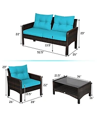Sugift 4 Pieces Outdoor Rattan Wicker Loveseat Furniture Set with Cushions-Turquoise