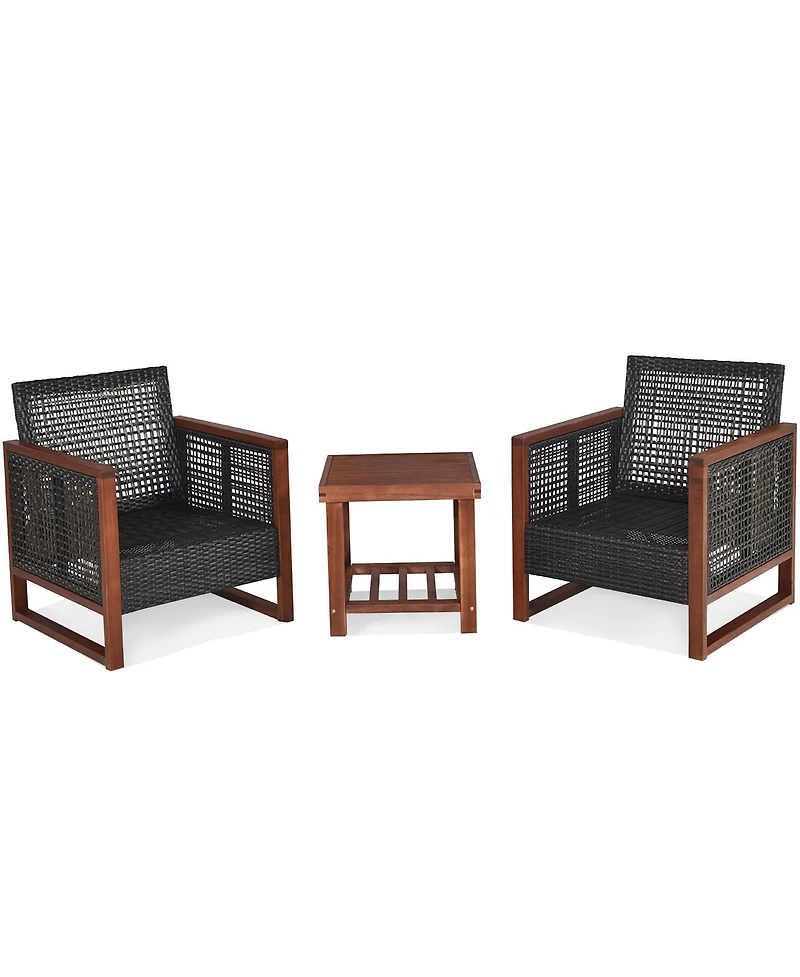 Sugift 3 Pieces Patio Wicker Furniture Set with Acacia Wood Coffee Table and Washable Cushion-Navy