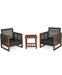 Sugift 3 Pieces Patio Wicker Furniture Set with Acacia Wood Coffee Table and Washable Cushion-Navy