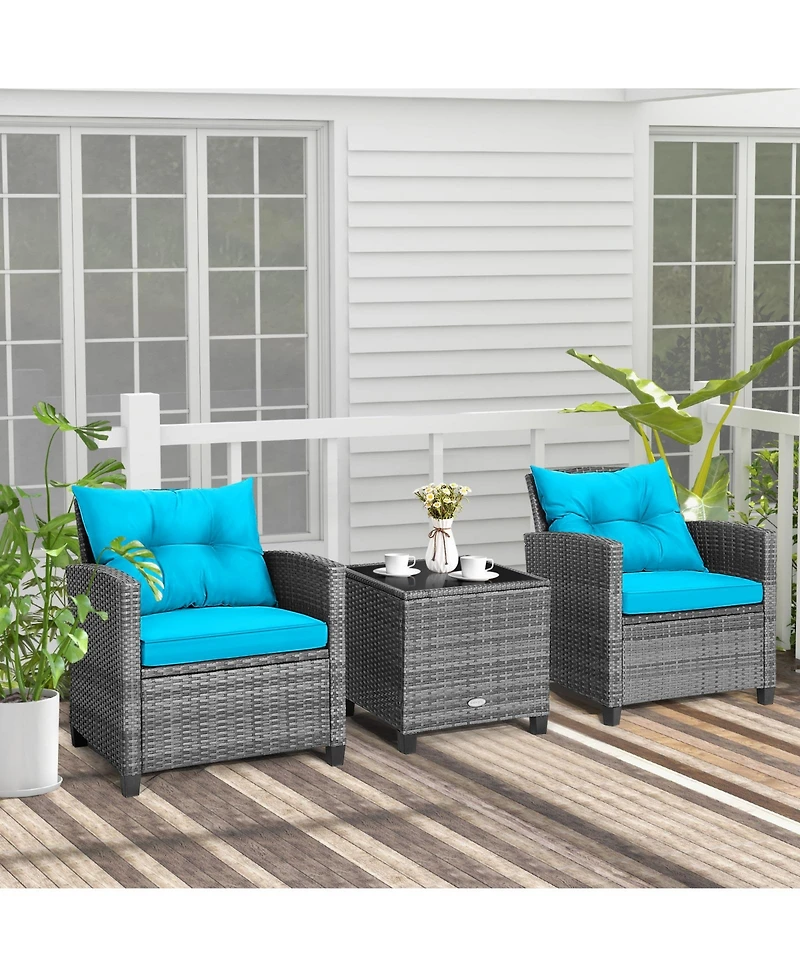 Sugift 3 Pieces Outdoor Wicker Conversation Set with Tempered Glass Tabletop-Turquoise