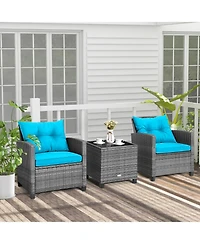 Sugift 3 Pieces Outdoor Wicker Conversation Set with Tempered Glass Tabletop-Turquoise