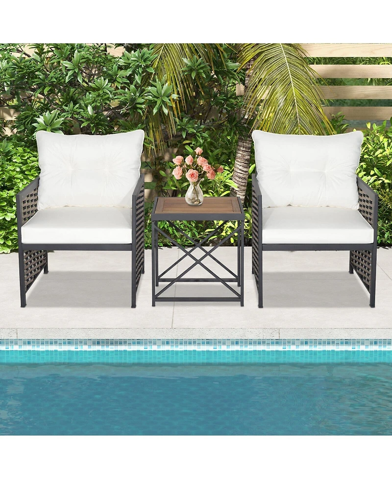 Sugift 3 Pieces Patio Rattan Furniture Set with Acacia Wood Tabletop-White