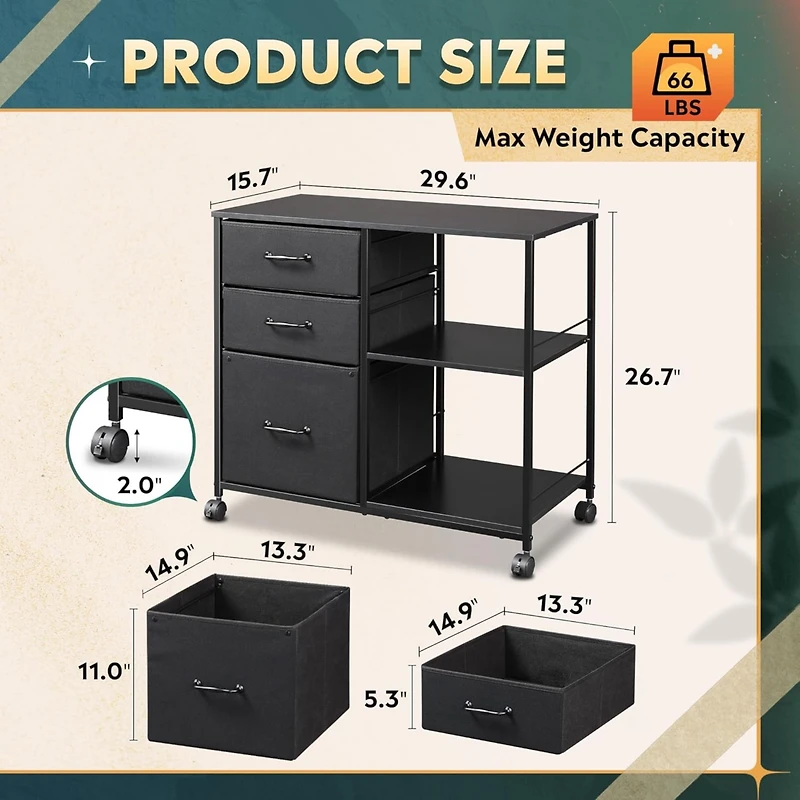 3 Drawer Mobile File Cabinet, Rolling Printer Stand with Open Storage Shelf, Fabric Lateral Filing Cabinet fits A4 or Letter Size for Home Office