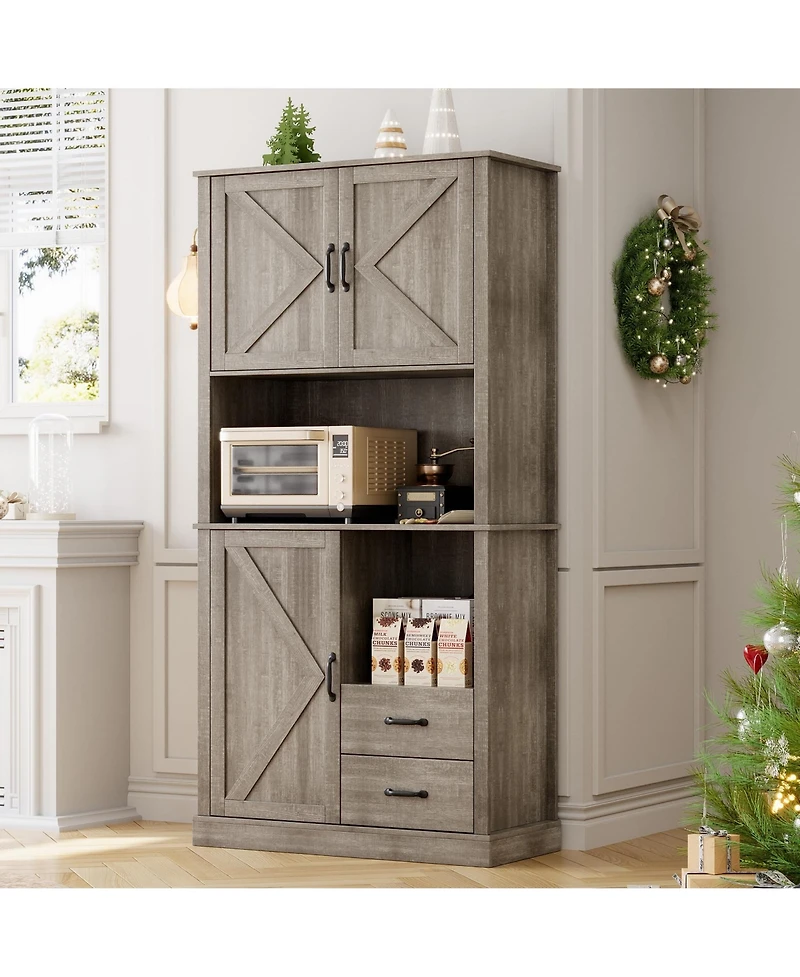 gaomon Modern Kitchen Pantry Cabinet with Microwave Stand, Tall Hutch Bar Cabinet with Drawers & Adjustable Shelves
