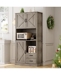 gaomon Modern Kitchen Pantry Cabinet with Microwave Stand, Tall Hutch Bar Cabinet with Drawers & Adjustable Shelves