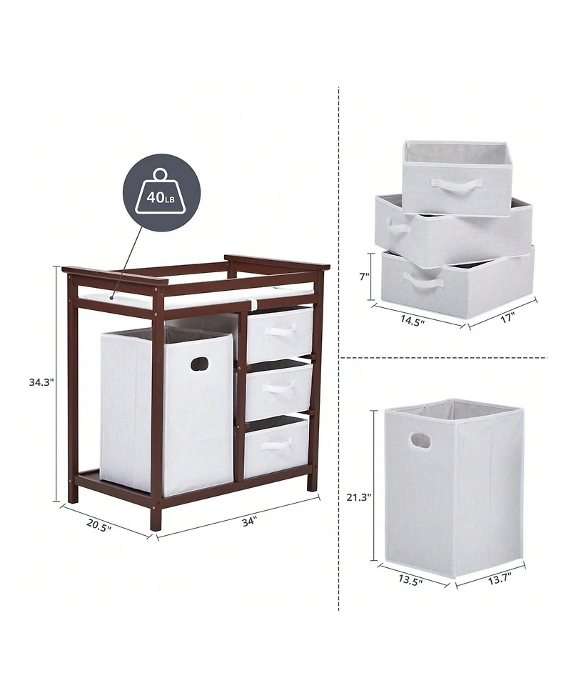gaomon Wooden Baby Changing Table, Diaper Changing Table, Infant Diaper Changing Station Dresser With Laundry Hamper, 3 Drawer Basket And Changing Pad