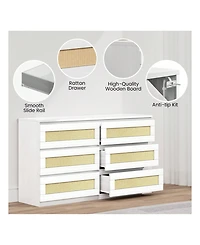gaomon Rattan Dresser For Bedroom, 6 Drawer Dresser For Bedroom, Modern Wide Chest Of Drawers With Anti-Tip Kit