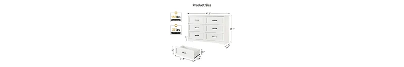 gaomon Dresser For Bedroom With 6 Drawers, Wood Drawer Dresser Chest Of Drawers For Closet, Living Room, Hallway, Nursery, Kids Bedroom(White)