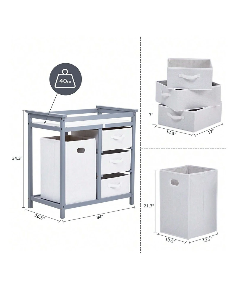 gaomon Wooden Baby Changing Table, Diaper Changing Table, Infant Diaper Changing Station Dresser With Laundry Hamper, 3 Drawer Basket And Changing Pad