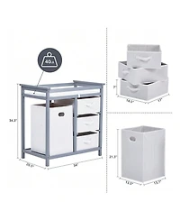 gaomon Wooden Baby Changing Table, Diaper Changing Table, Infant Diaper Changing Station Dresser With Laundry Hamper, 3 Drawer Basket And Changing Pad
