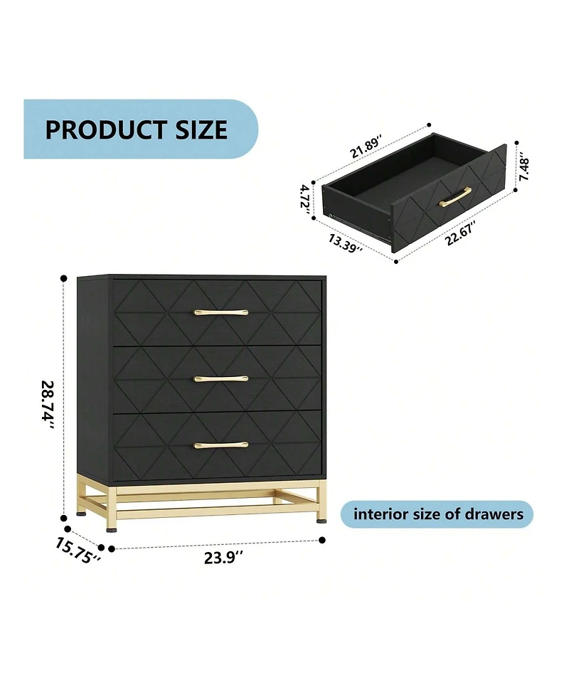 gaomon 3 Drawer Dresser, Wood Chest Drawers With Storage For Closet, Bedroom, Drawers Dresser Modern Bedside Nightstand With Gold Handles