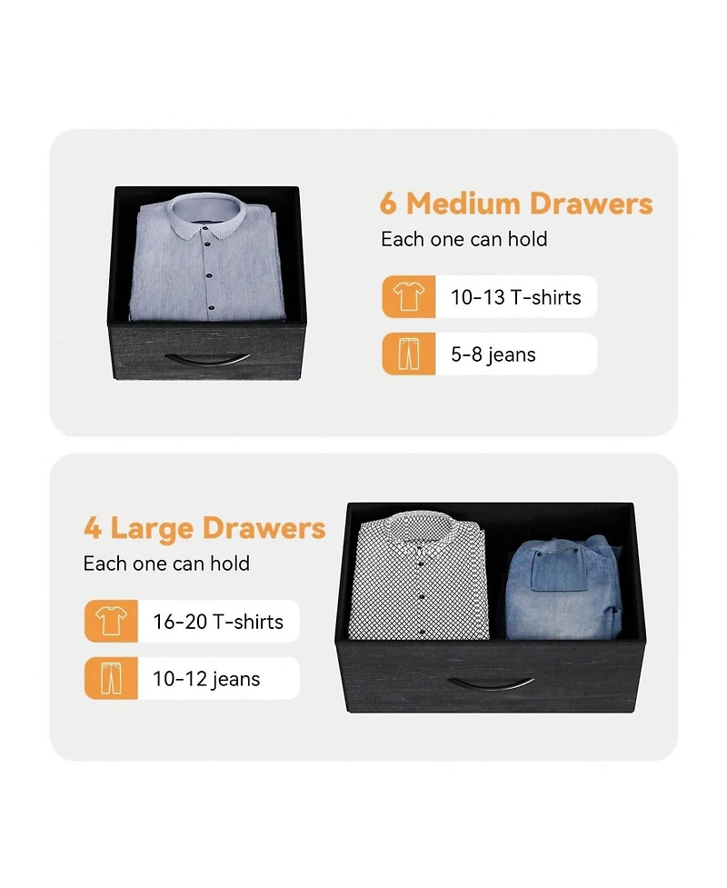 Dresser For Bedroom, 10 Drawers Fabric Storage Drawer, Dressers & Chest Of Drawers With Side Pockets, Hooks, Wood Tabletop For Closet, Living Room, Ha