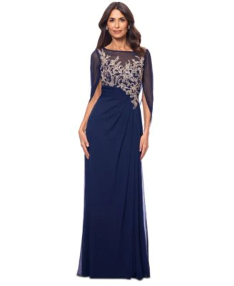 Betsy Adam Womens Sequin Floral Cape Sleeve Chiffon Gown